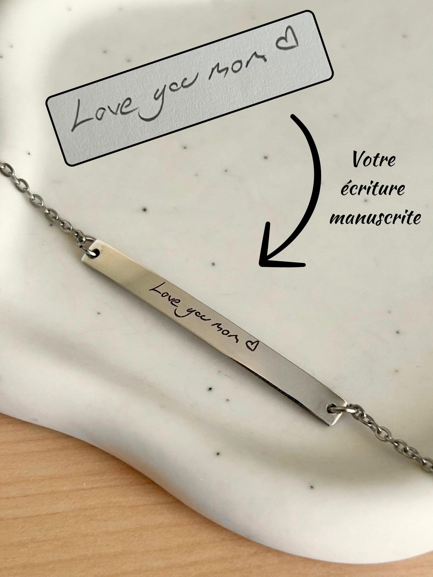 Bijou écriture manuscrite personnalisé, bracelet écriture manuscrite, bracelet signature barre gravée, cadeau maman, cadeau fête des mères