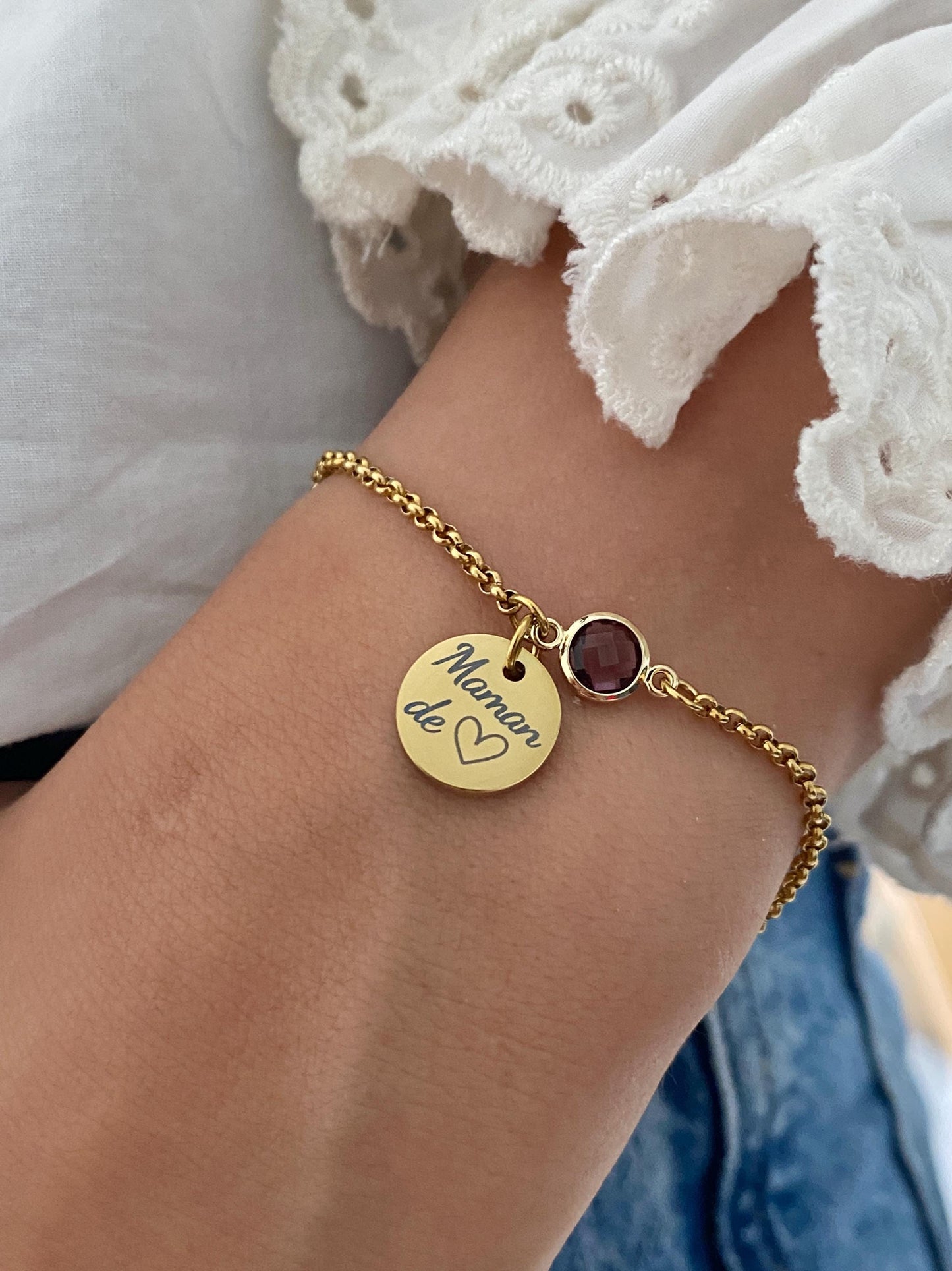 Bracelet Maman Personnalisé en Acier Inoxydable, Bijou Maman Personnalisé avec Pierre de Naissance, Breloque Gravée, Fête des Mères