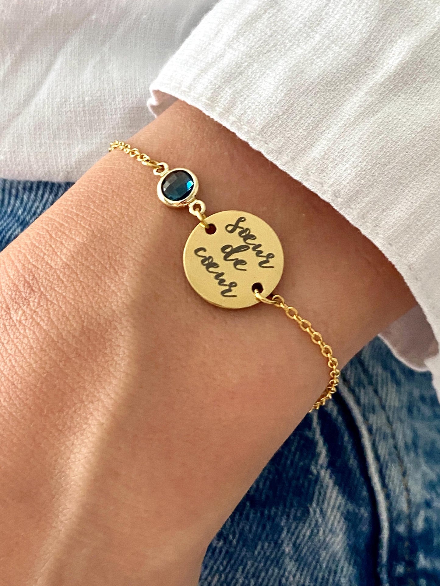 Bracelet femme personnalisé en acier inoxydable avec pierre de naissance, bracelet sœur de cœur, bracelet breloque ronde, cadeau amitié