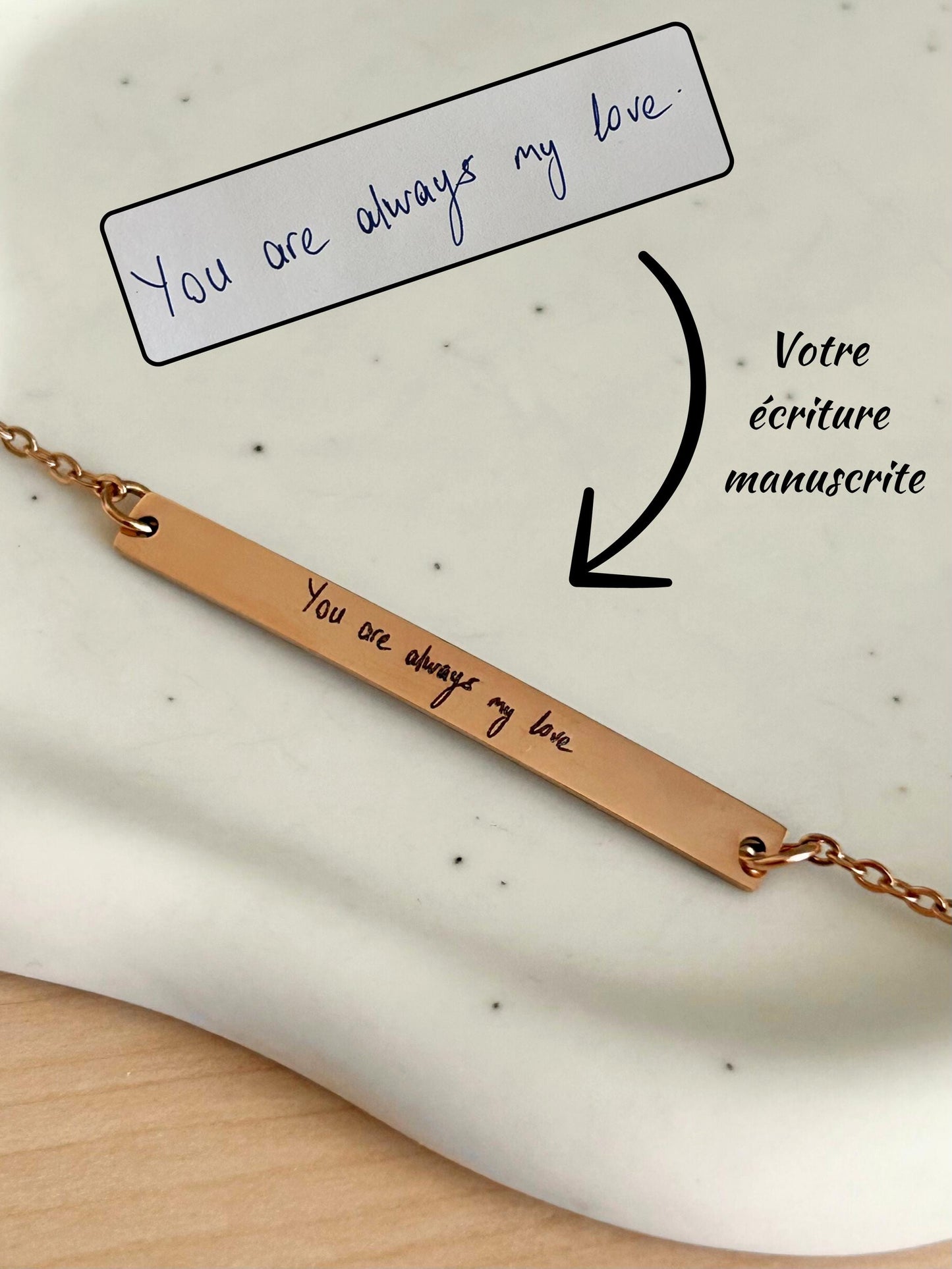 Bijou écriture manuscrite personnalisé, bracelet écriture manuscrite, bracelet signature barre gravée, cadeau maman, cadeau fête des mères