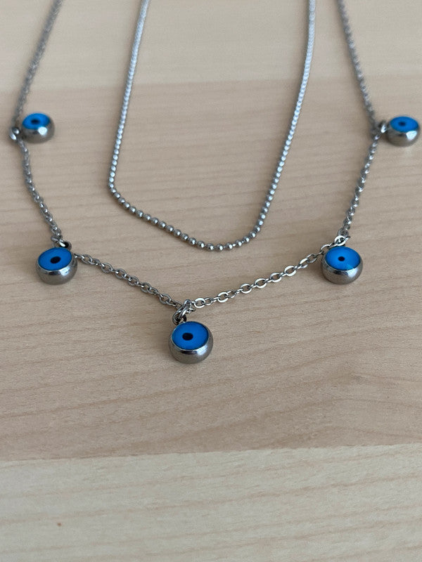 Collier femme acier inoxydable, collier greque oeil, chaîne double argentée, nazar