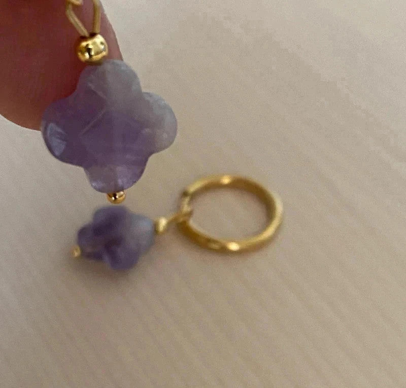 Boucle d'oreille créole trèfle en pierre naturelle, bijou en acier inoxydable doré