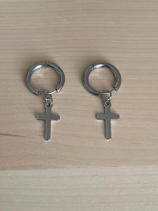 Boucle d'oreille pendante croix argentée, Créoles pendantes croisées, bijou minimaliste, religieux