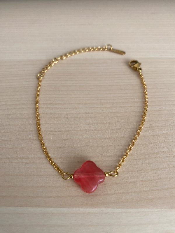 Bracelet pierre naturelle trèfle, bracelet à breloques, chaîne acier inoxydable, Saint Valentin