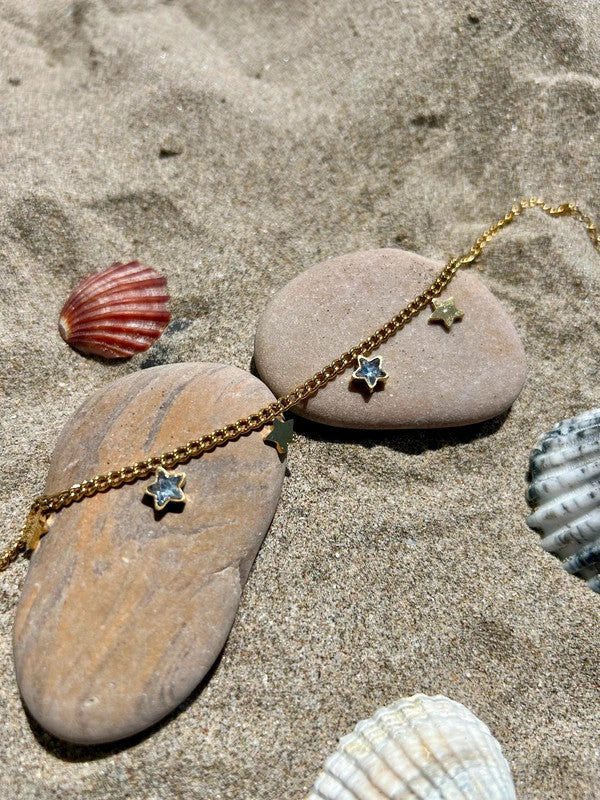 Bracelet de cheville avec pendentifs en forme d'étoile avec zircon, chaîne en acier inoxydable doré