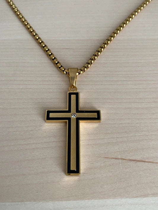 Collier pendante croix acier inoxydable doré, collier chaîne chrétienne, collier homme, religieux