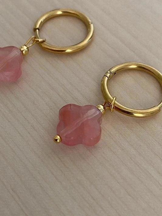 Boucle d'oreille créole trèfle en pierre naturelle, bijou en acier inoxydable doré