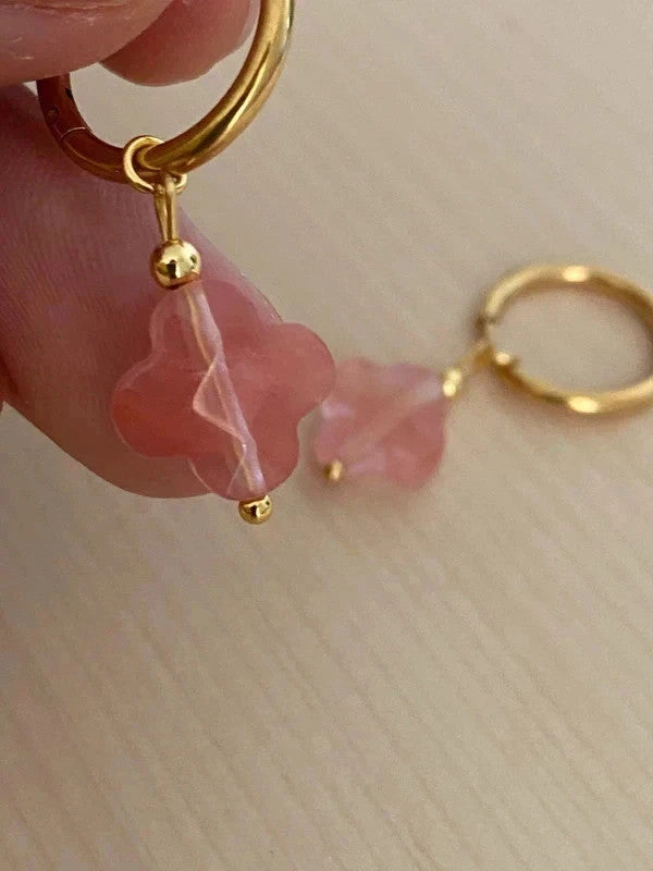 Boucle d'oreille créole trèfle en pierre naturelle, bijou en acier inoxydable doré
