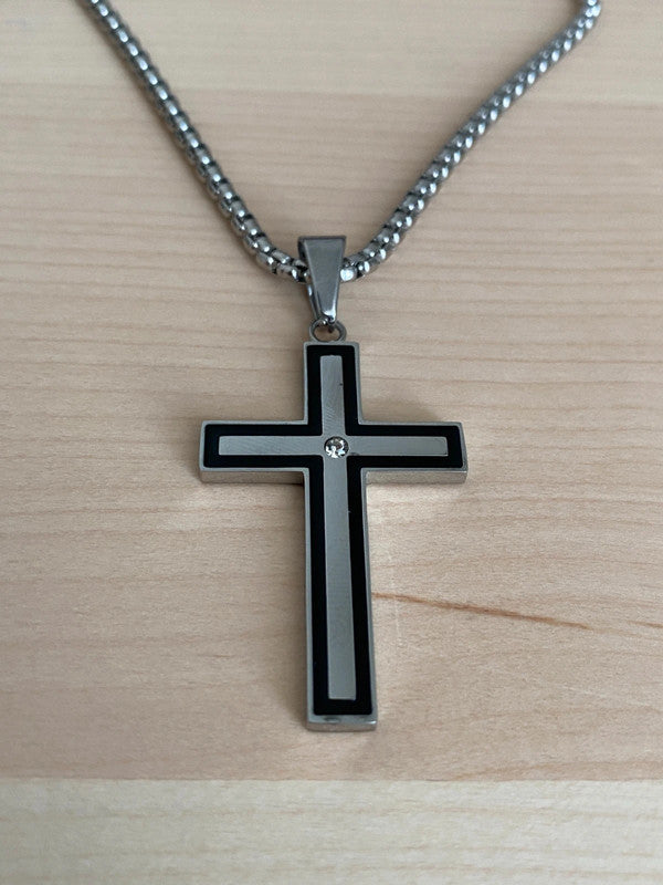 Collier pendante croix acier inoxydable argenté, collier chaîne chrétienne, homme, cadeau religieux