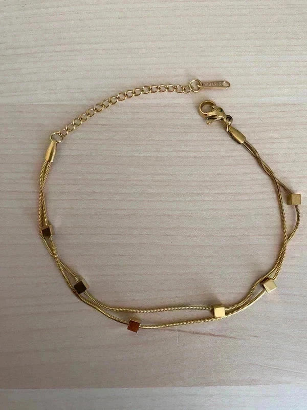 Bracelet double chaîne dorée en acier inoxydable avec mini cubes, bracelet femme