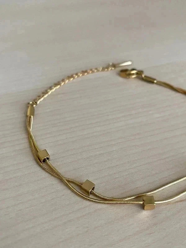 Bracelet double chaîne dorée en acier inoxydable avec mini cubes, bracelet femme