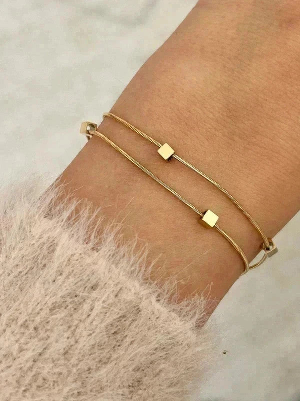 Bracelet double chaîne dorée en acier inoxydable avec mini cubes, bracelet femme