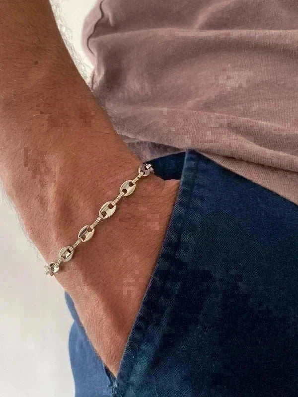 Bracelet homme acier inoxydable argenté, bracelet graine de café, cadeau papa, cadeau pour lui