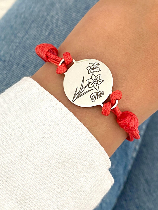 Bracelet Cordon Personnalisé, Bracelet Ajustable, Gravure au Choix, Bracelet Fleur de Naissance, Cadeau Maman, Bijou Minimaliste