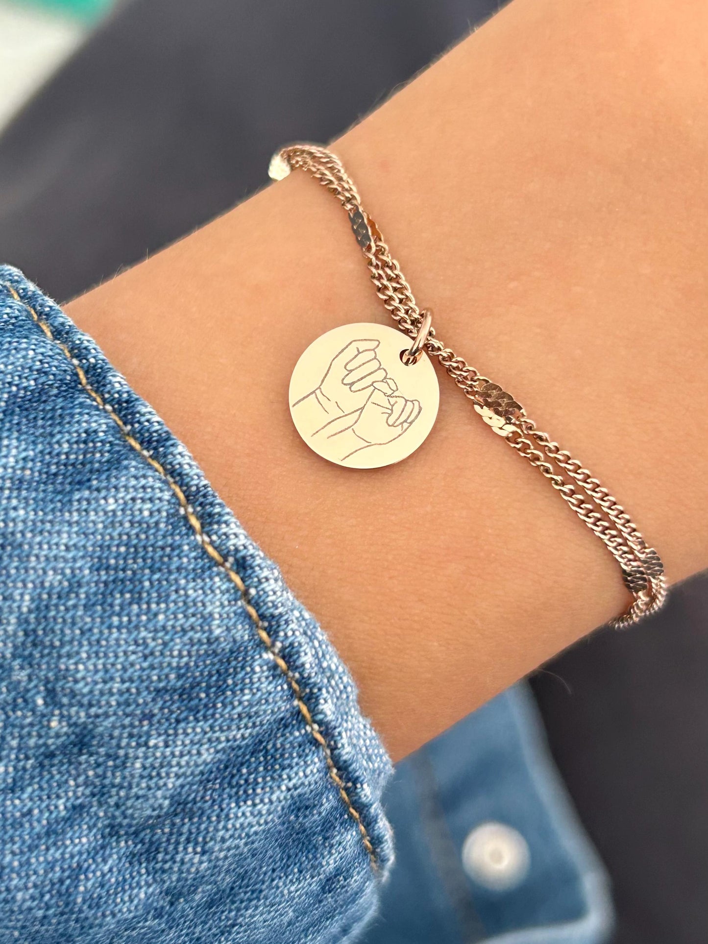 Bracelet femme personnalisé en acier inoxydable, bracelet sœur de cœur, breloque ronde, bracelet double chaîne, cadeau personnalisé