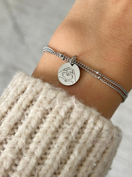 Bracelet femme personnalisé en acier inoxydable, bracelet sœur de cœur, breloque ronde, bracelet double chaîne, cadeau personnalisé