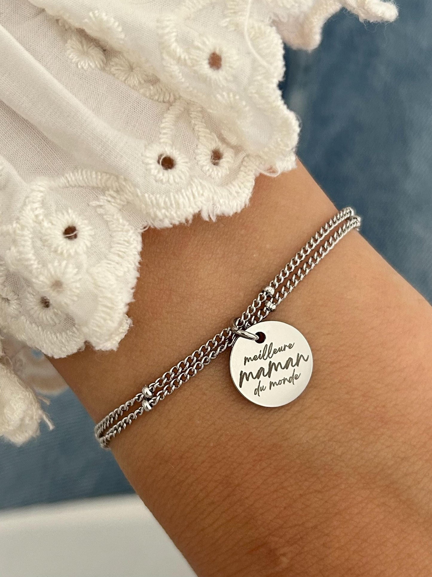 Bracelet Maman Personnalisé, Bijou Maman Personnalisé, Breloque Gravée, Bracelet Double Chaîne Ajustable, Cadeau Fête des Mères