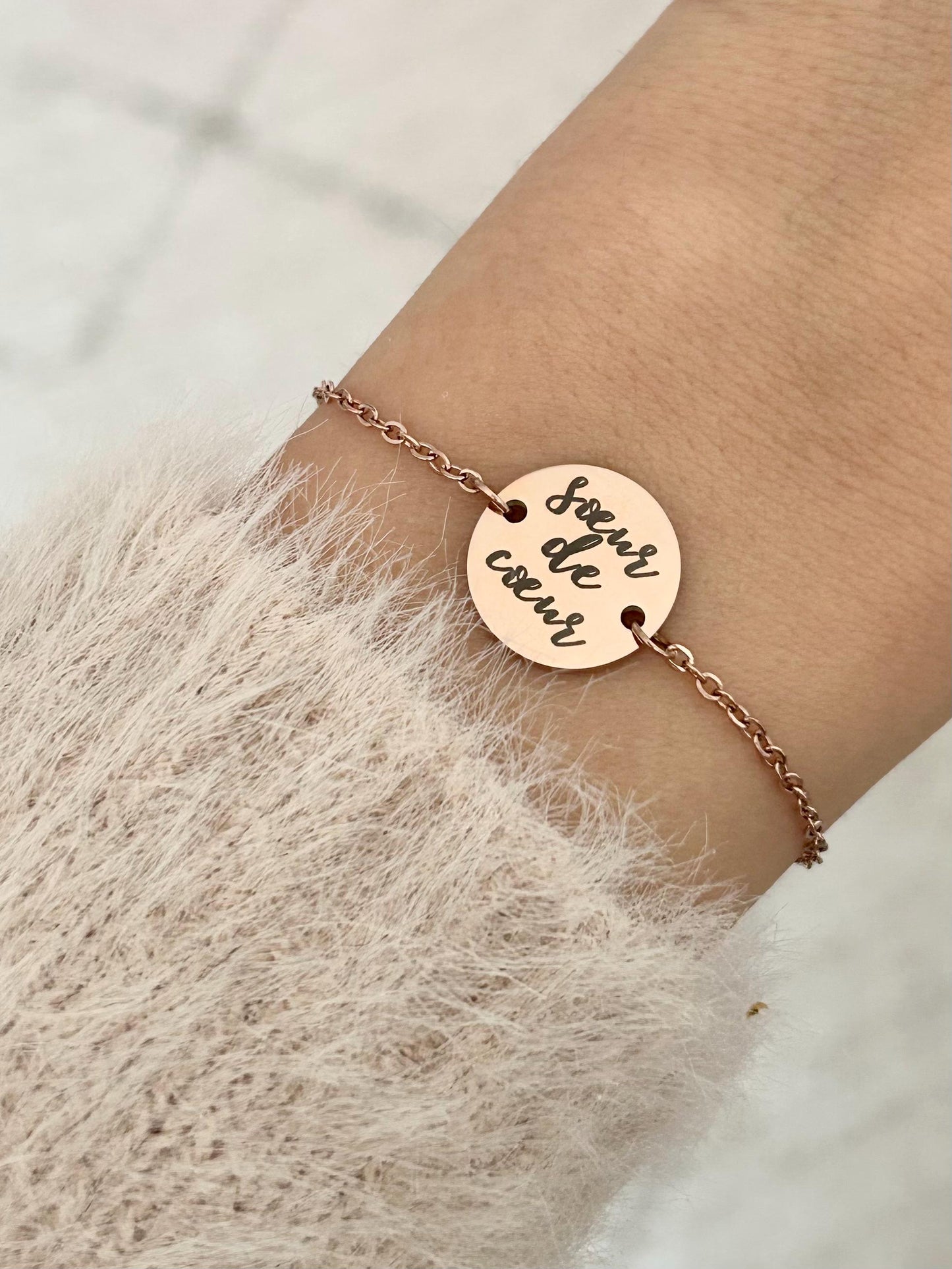 Bracelet personnalisé en acier inoxydable, bracelet sœur de cœur, bracelet breloque ronde, bracelet chaîne ajustable, cadeau fête des mères