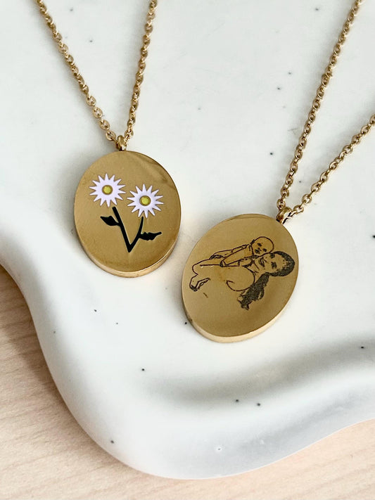 Collier photo personnalisé, collier femme photo gravé, collier pendentif florale avec portrait personnalisé, cadeau fête des mères