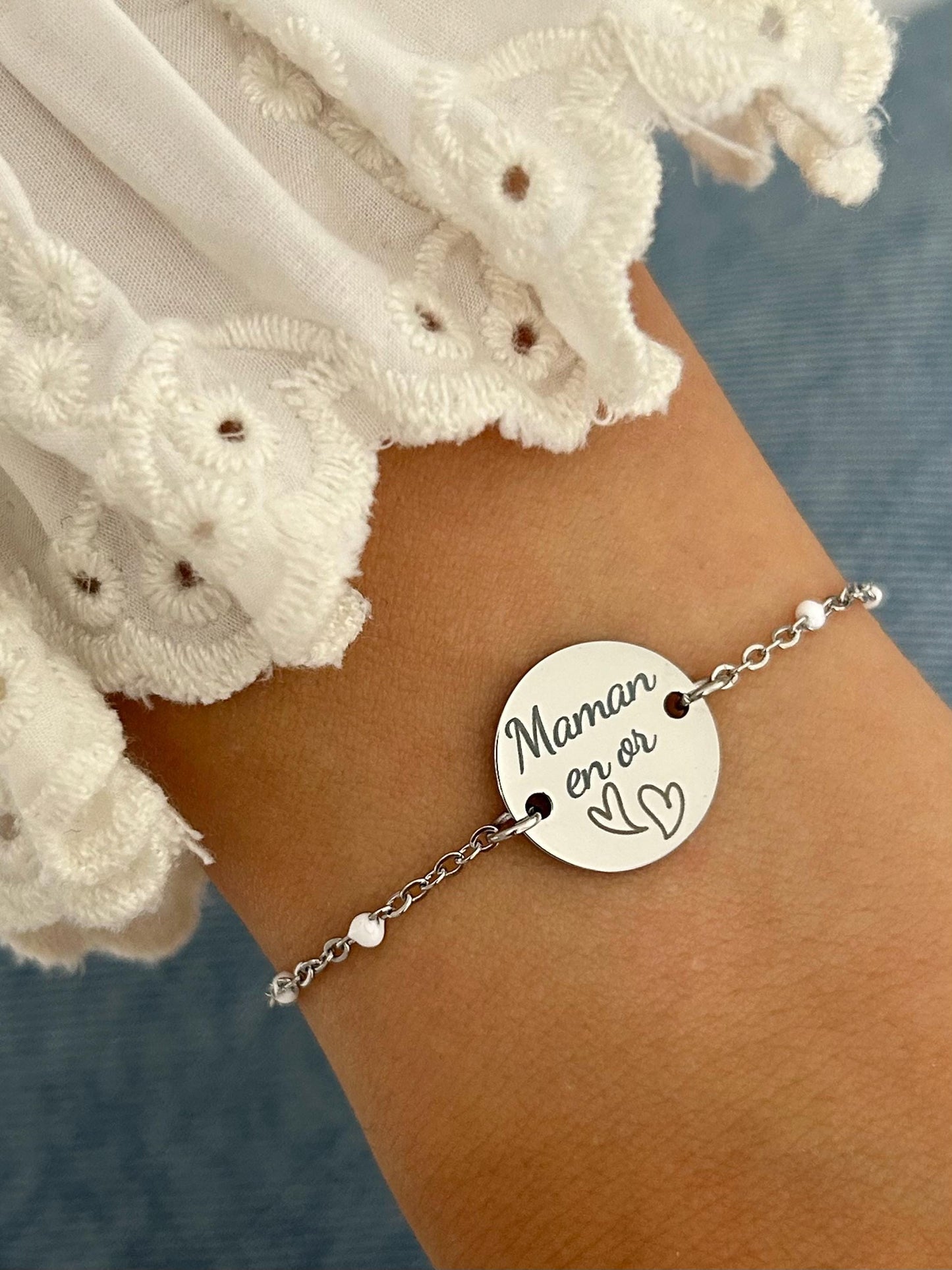 Bracelet Maman Personnalisé en Acier Inoxydable, Bijou Maman Personnalisé, Breloque Gravée, Bracelet Chaîne Ajustable, Cadeau Fête des Mères