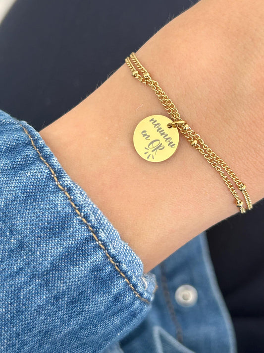 Bracelet double chaîne maîtresse personnalisé, cadeau merci maîtresse, cadeau enseignant, cadeau nounou, ATSEM, cadeau fin d'année