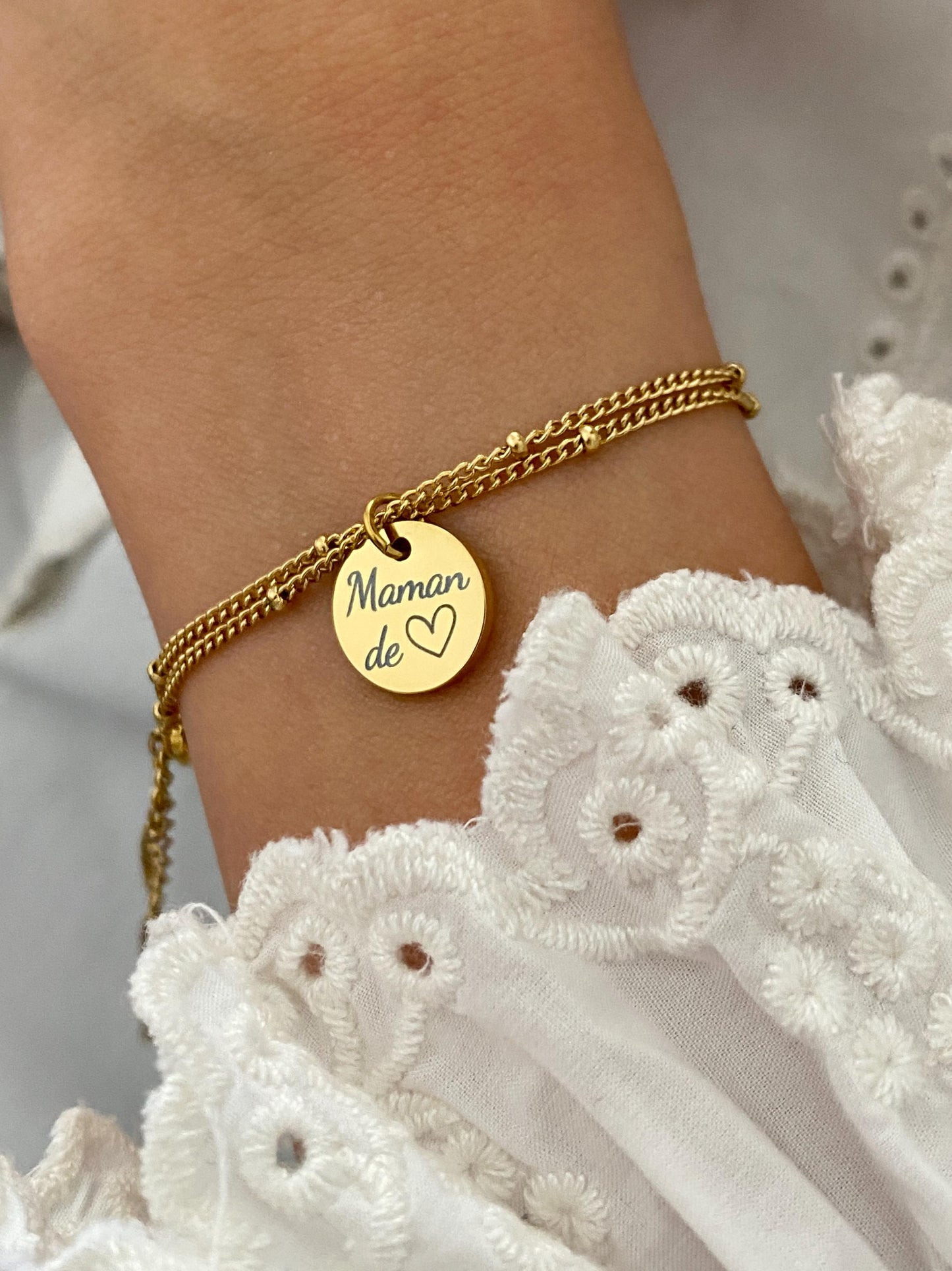 Bracelet Maman Personnalisé, Bijou Maman Personnalisé, Breloque Gravée, Bracelet Double Chaîne Ajustable, Cadeau Fête des Mères