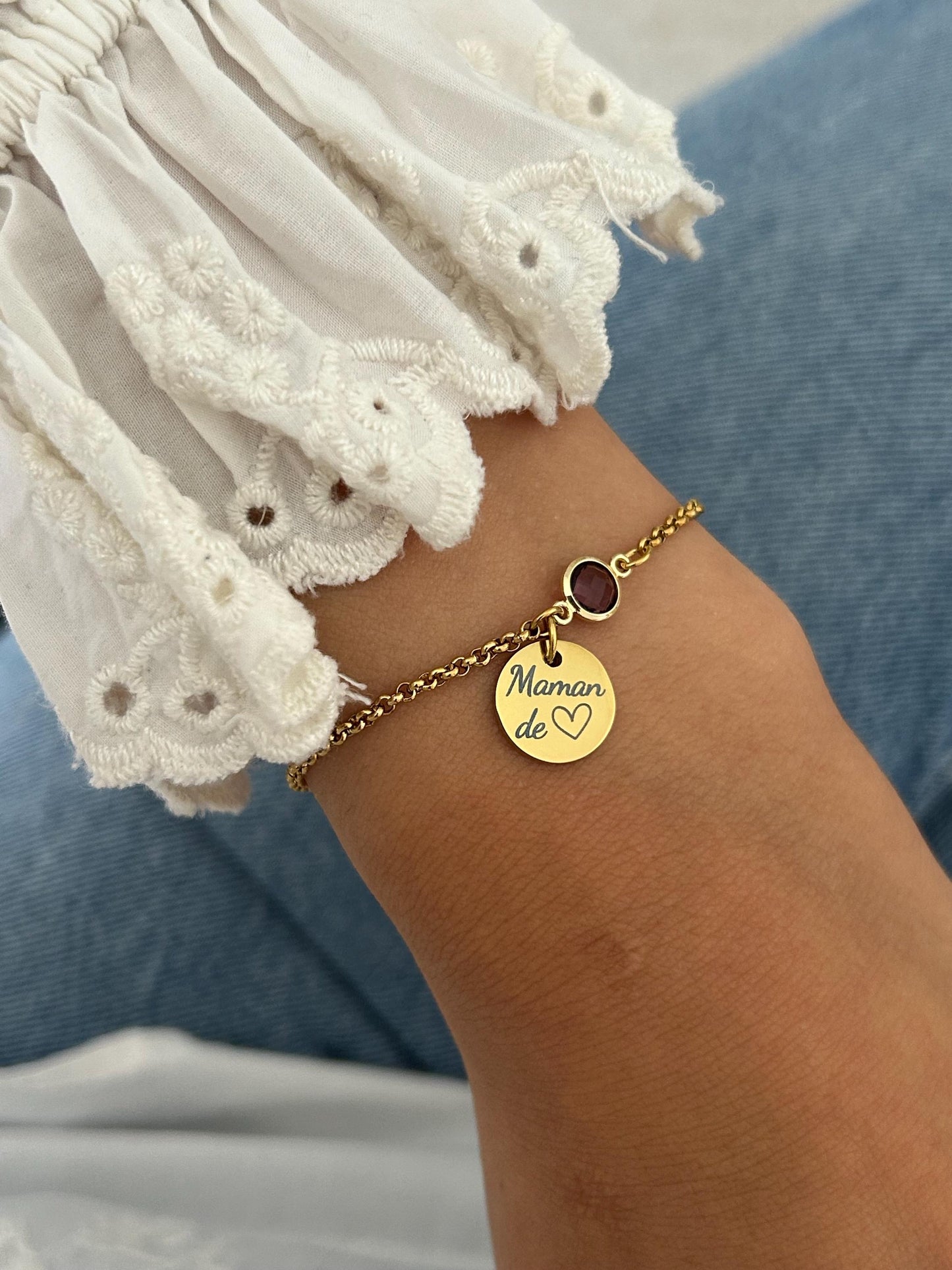 Bracelet Maman Personnalisé en Acier Inoxydable, Bijou Maman Personnalisé avec Pierre de Naissance, Breloque Gravée, Fête des Mères