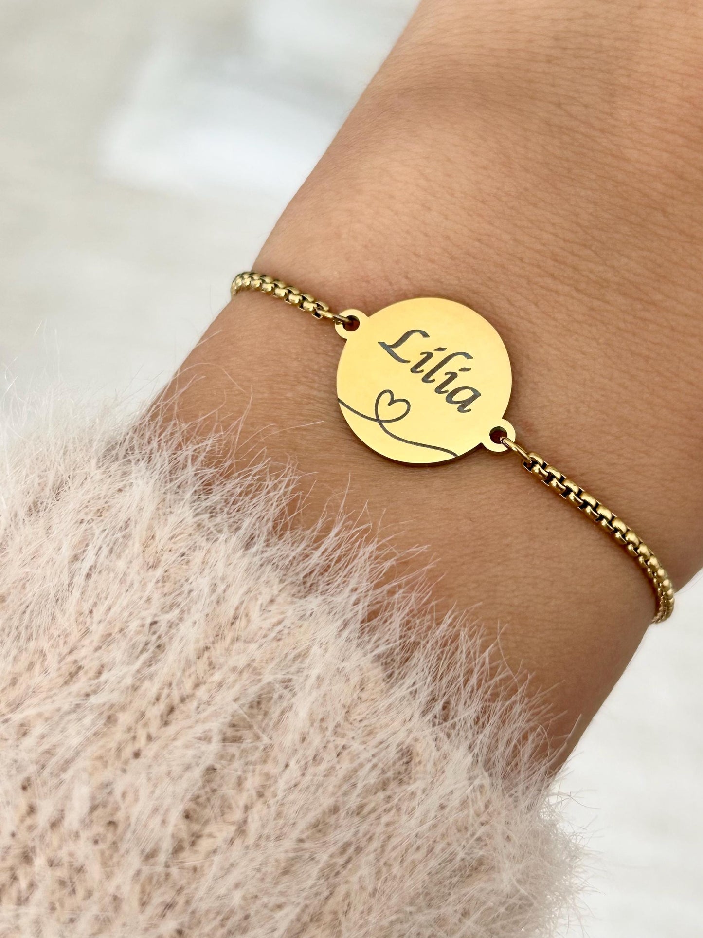 Bracelet personnalisable acier inoxydable, bracelet prénom personnalisé, bracelet breloque ronde, bracelet chaîne ajustable, fête des mères