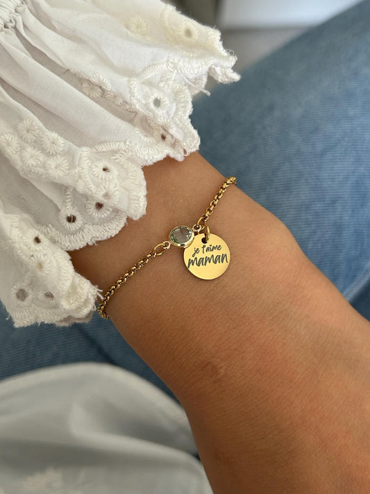 Bracelet Maman Personnalisé en Acier Inoxydable, Bijou Maman Personnalisé avec Pierre de Naissance, Breloque Gravée, Fête des Mères