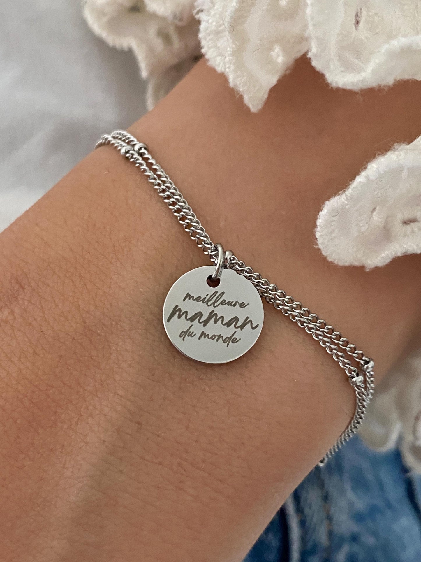 Bracelet Maman Personnalisé, Bijou Maman Personnalisé, Breloque Gravée, Bracelet Double Chaîne Ajustable, Cadeau Fête des Mères