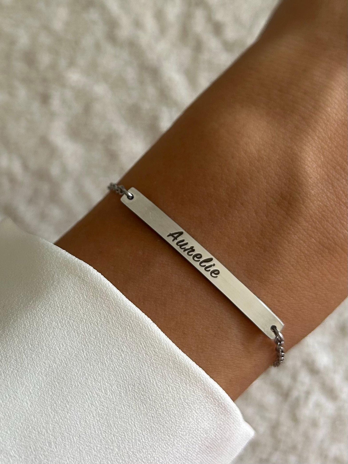 Bracelet personnalisé acier inoxydable, Bracelet prénom, argent, plaqué or ou or rose, bracelet barre gravée, cadeau fête des mères