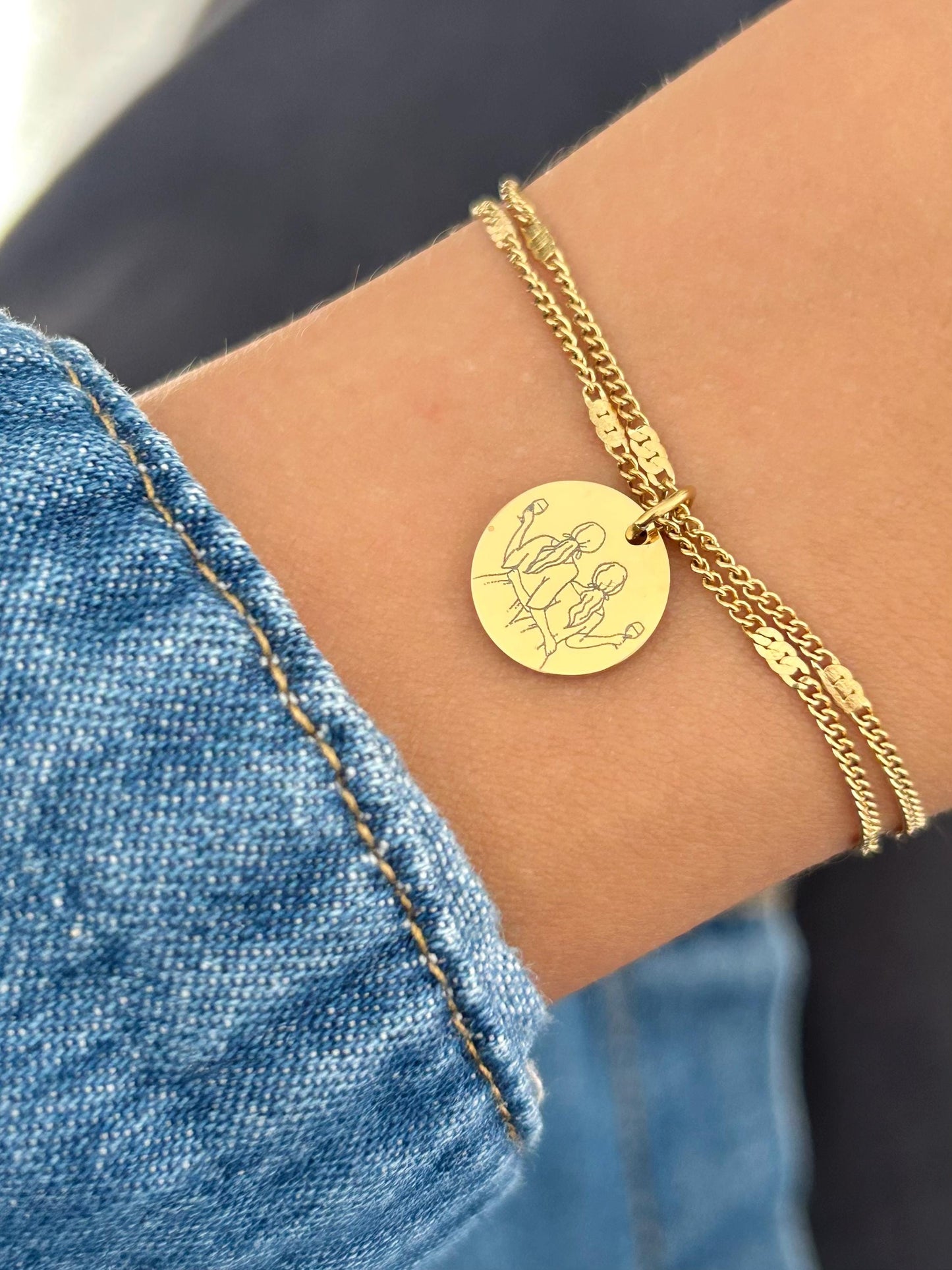Bracelet femme personnalisé en acier inoxydable, bracelet sœur de cœur, breloque ronde, bracelet double chaîne, cadeau personnalisé