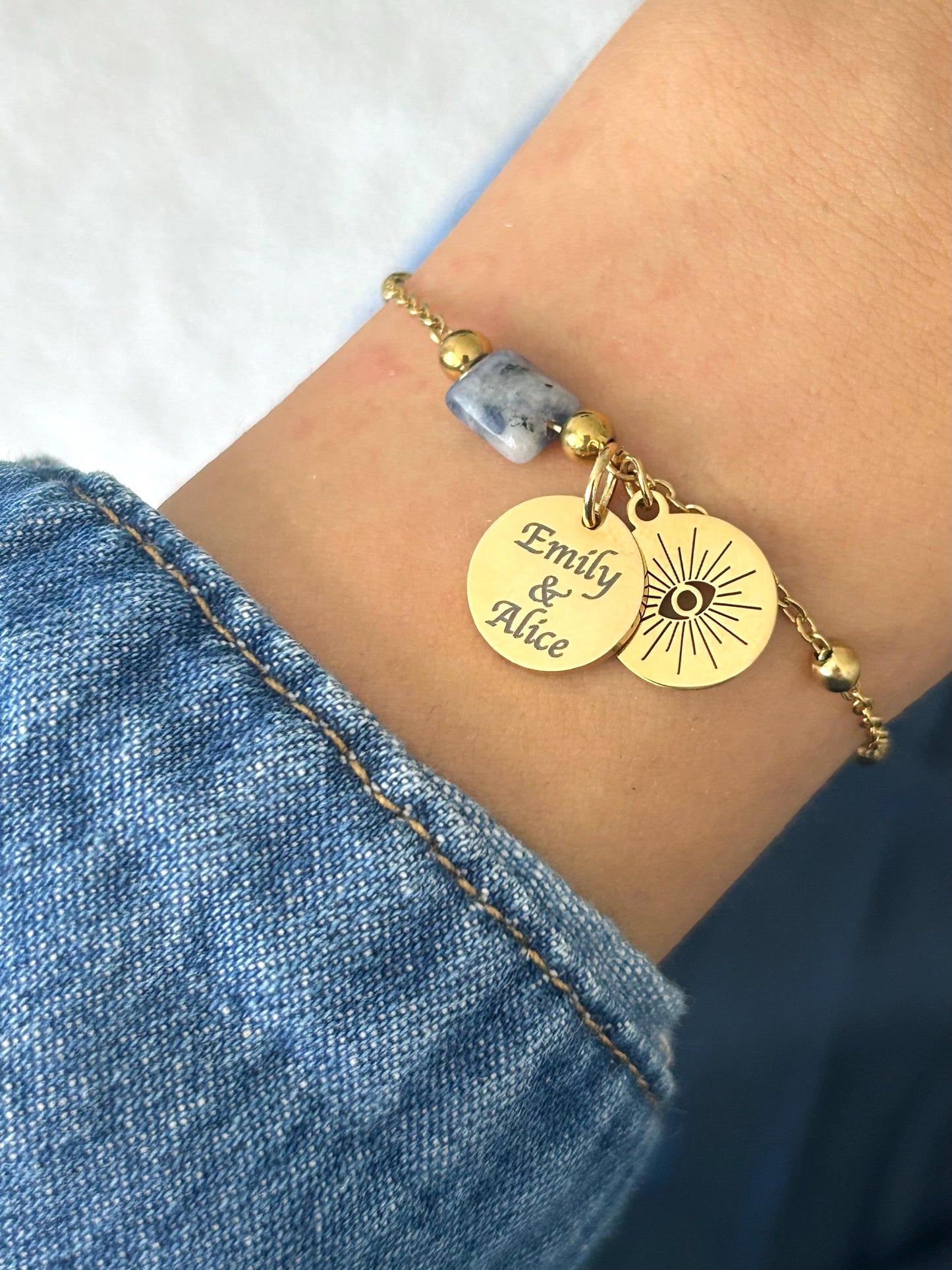 Bracelet femme personnalisé en acier inoxydable, bracelet sœur de cœur, pierre naturelle lapis lazuli, jaspe, agate mousse, bracelet charme