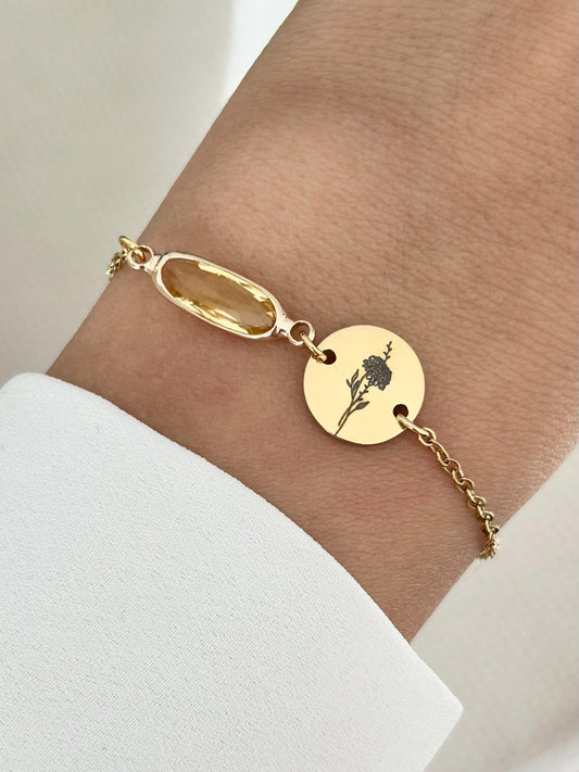 Bracelet personnalisé fleur de naissance, bracelet pierre de naissance, bracelet acier inoxydable doré, cadeau marraine, fête des mères