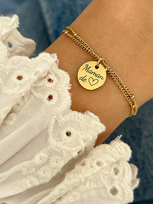 Bracelet Maman Personnalisé, Bijou Maman Personnalisé, Breloque Gravée, Bracelet Double Chaîne Ajustable, Cadeau Fête des Mères