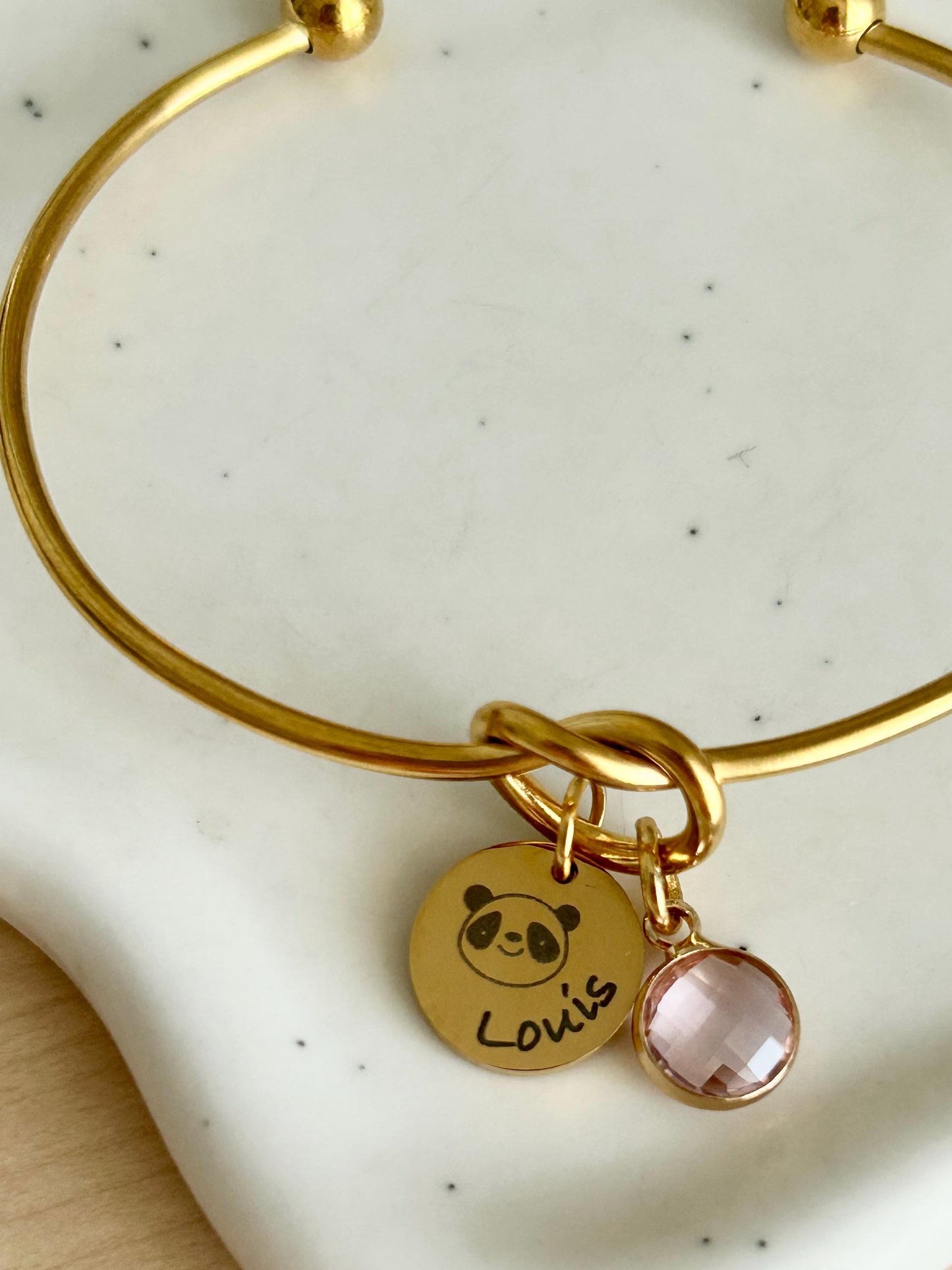 Bracelet jonc avec pierre de naissance, bracelet enfant prénom personnalisé, bracelet doudou, bracelet animal à graver, cadeau naissance