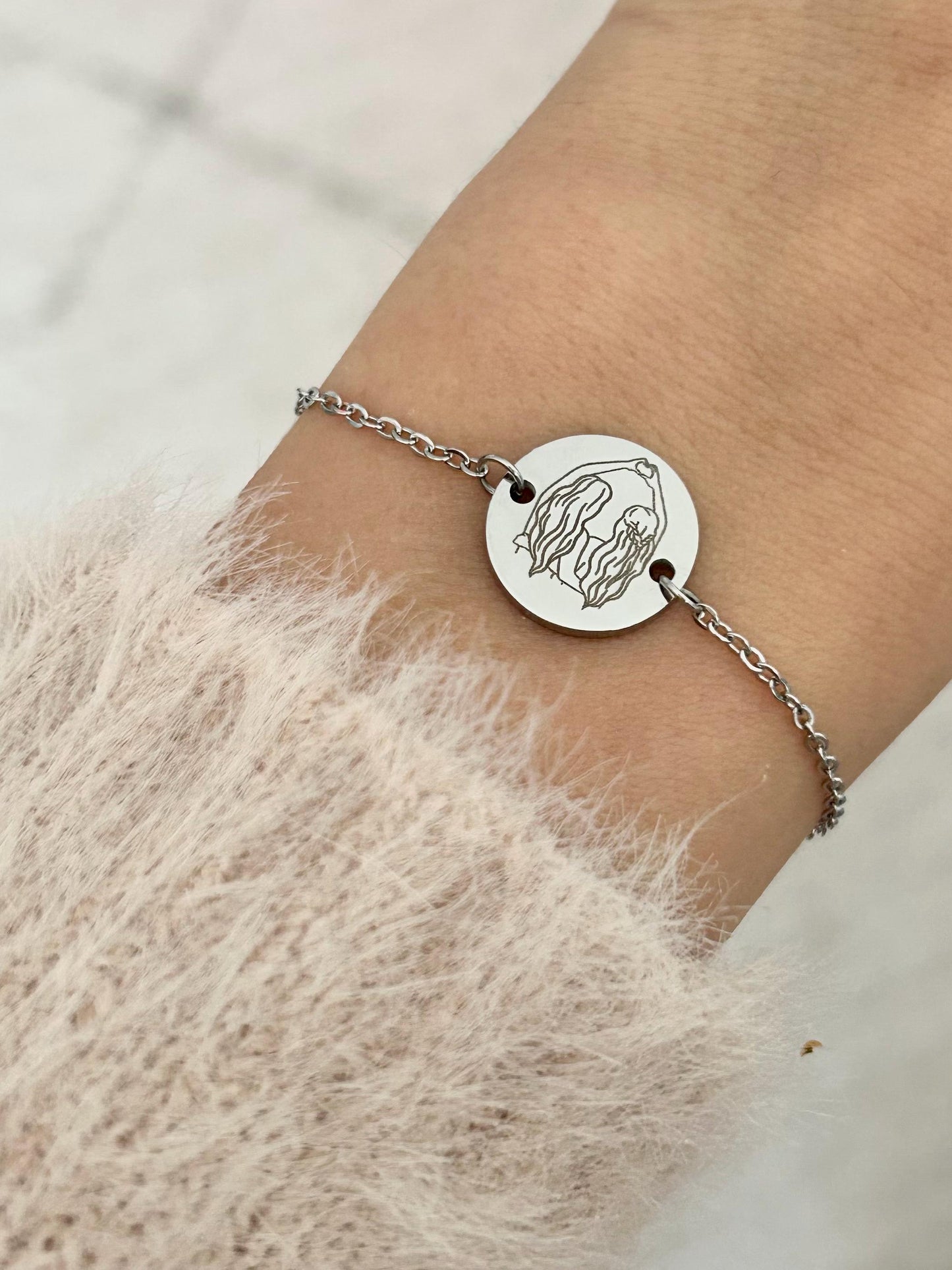 Bracelet personnalisé en acier inoxydable, bracelet sœur de cœur, bracelet breloque ronde, bracelet chaîne ajustable, cadeau fête des mères