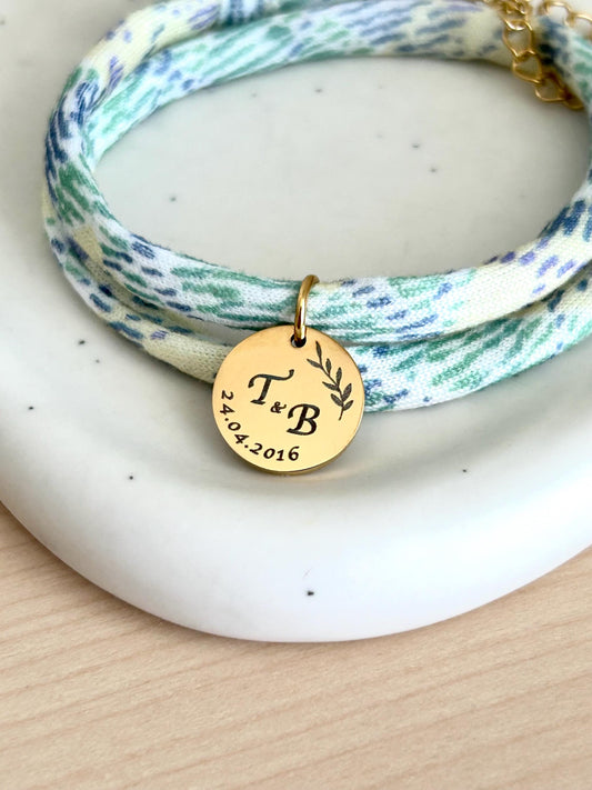 Bracelet Personnalisé en cordon liberty, bracelet mariage, bracelet couple personnalisé, bracelet médaille à graver, cadeau fête des mères