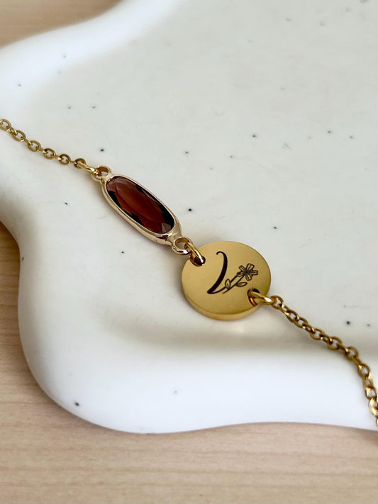 Bracelet prénom pierre de naissance, bracelet personnalisé lettre florale, bracelet lettre initiale, cadeau maman, cadeau fête des mères