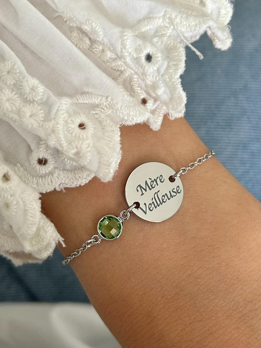 Bracelet Maman Personnalisé en Acier Inoxydable, Bijou Maman Personnalisé avec Pierre de Naissance, Breloque Gravée, Fête des Mères