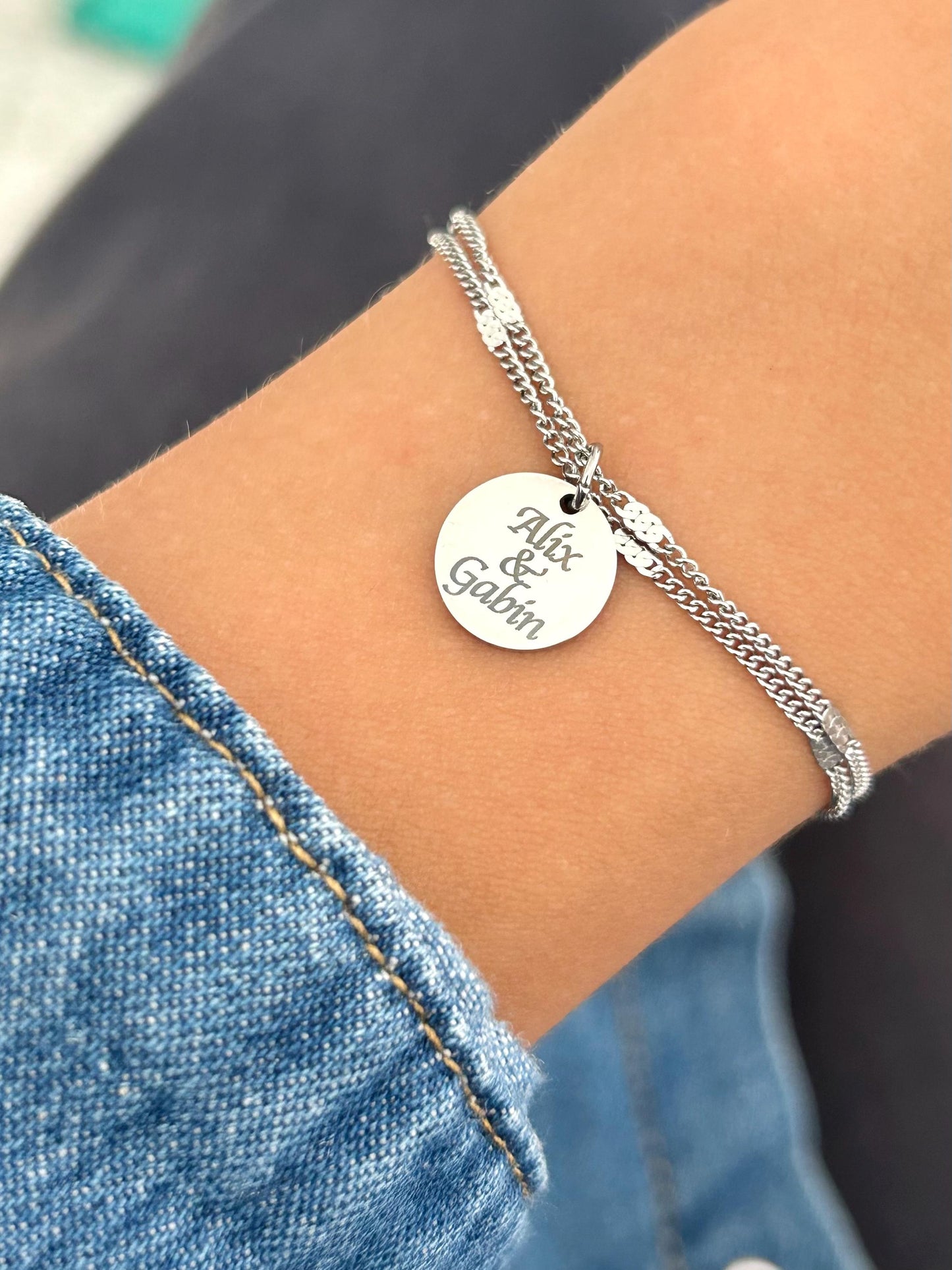 Bracelet femme personnalisé en acier inoxydable, bracelet sœur de cœur, breloque ronde, bracelet double chaîne, cadeau personnalisé