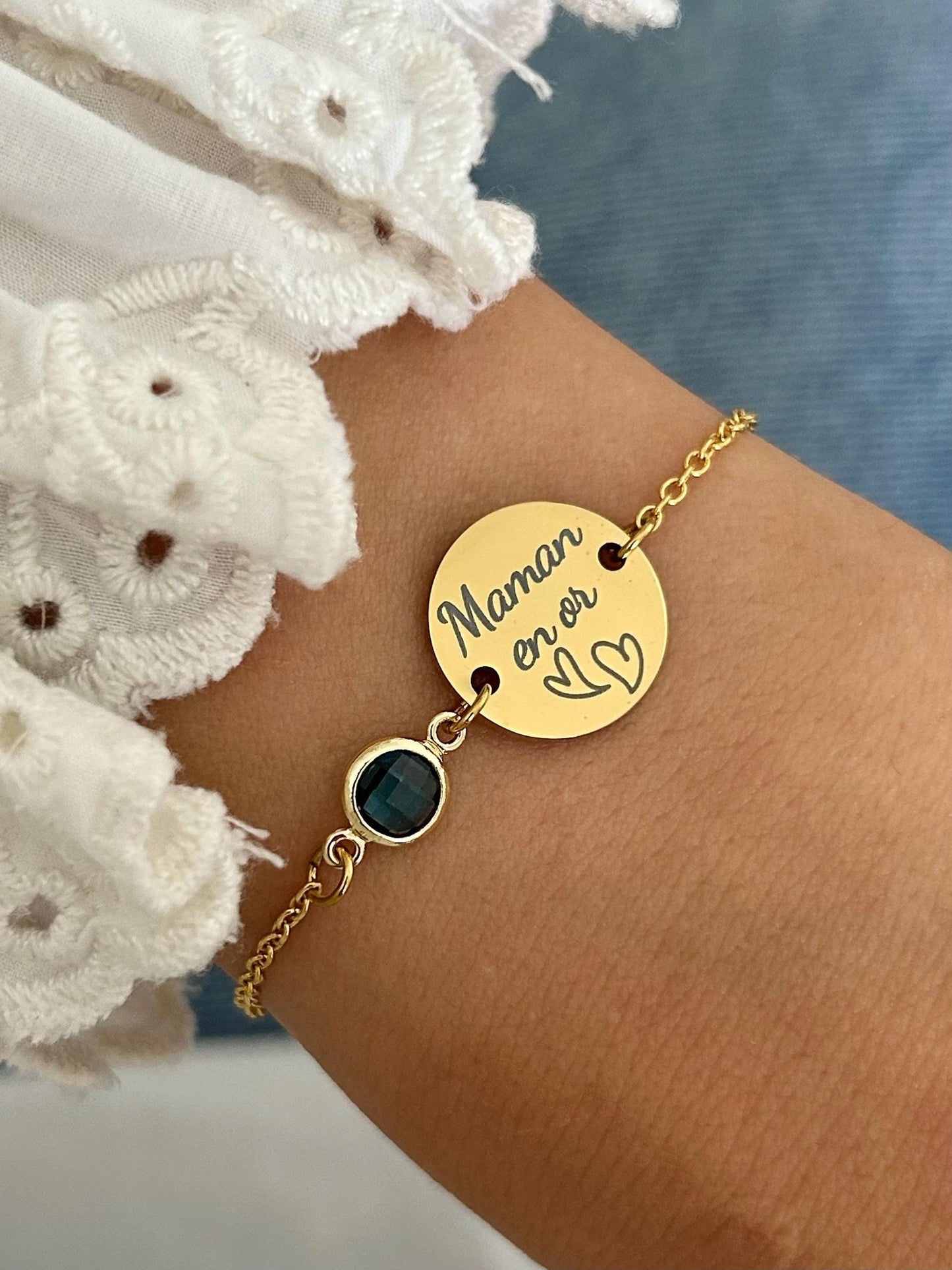 Bracelet Maman Personnalisé en Acier Inoxydable, Bijou Maman Personnalisé avec Pierre de Naissance, Breloque Gravée, Fête des Mères