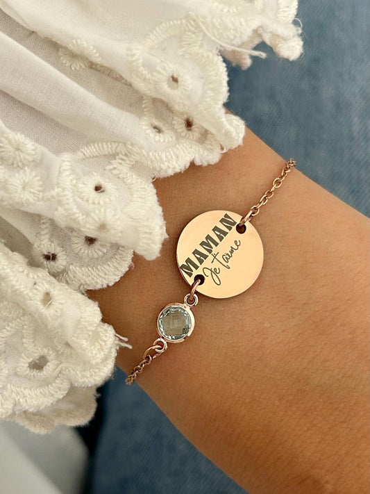 Bracelet Maman Personnalisé en Acier Inoxydable, Bijou Maman Personnalisé avec Pierre de Naissance, Breloque Gravée, Fête des Mères