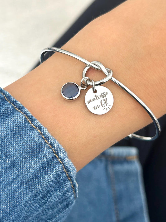 Bracelet jonc maîtresse personnalisé, cadeau merci maîtresse, cadeau enseignant, cadeau nounou, ATSEM, cadeau fin d'année, cadeau école
