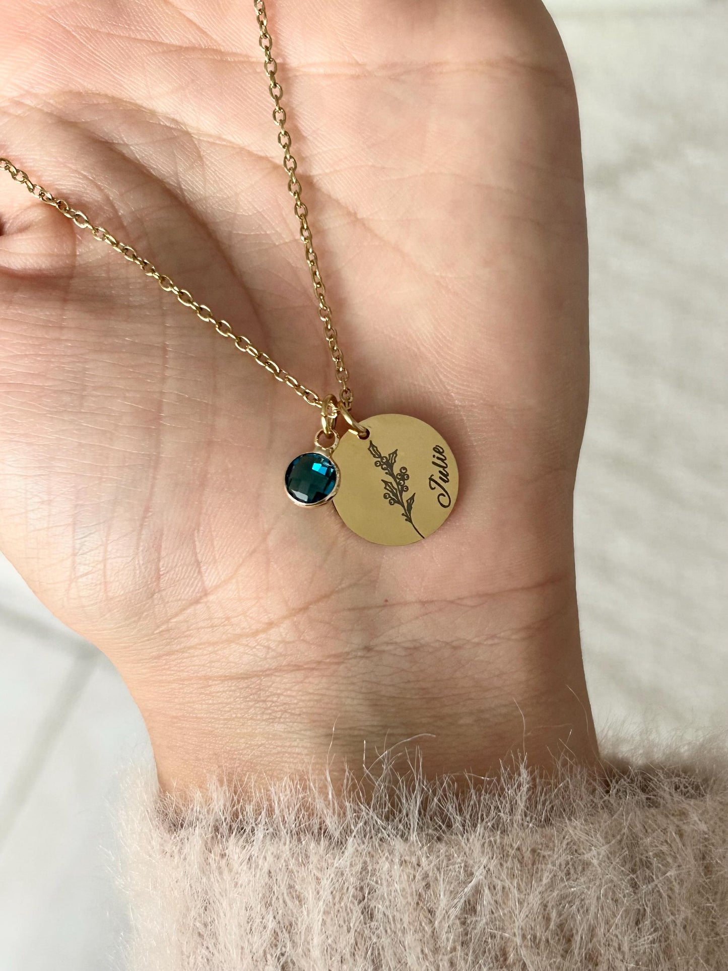 Collier floral avec pierre de naissance,  collier fleur de naissance, collier personnalisé maman, cadeau marraine, cadeau naissance, evfj