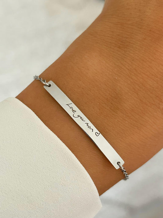 Bijou écriture manuscrite personnalisé, bracelet écriture manuscrite, bracelet signature barre gravée, cadeau maman, cadeau fête des mères