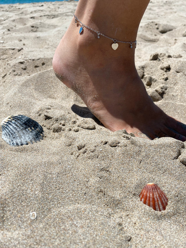 Bracelet de cheville avec pendentifs en forme de cœur, bracelet de cheville  argenté, bijou d'été