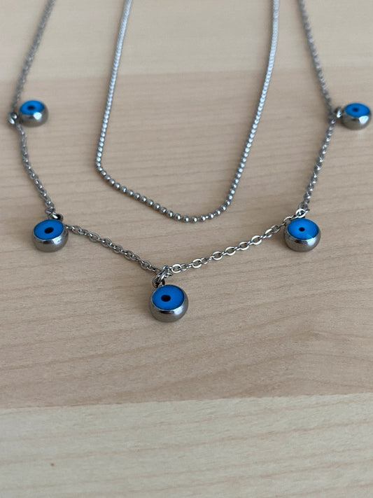 Collier femme acier inoxydable, collier greque oeil, chaîne double argentée, nazar