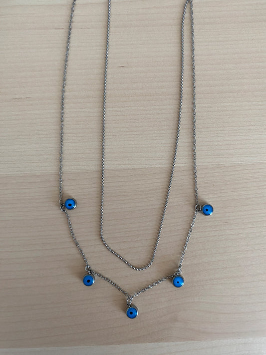 Collier femme acier inoxydable, collier greque oeil, chaîne double argentée, nazar