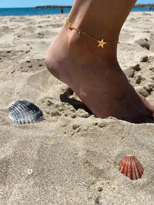 Bracelet de cheville avec pendentifs en forme d'étoile, bracelet de cheville doré